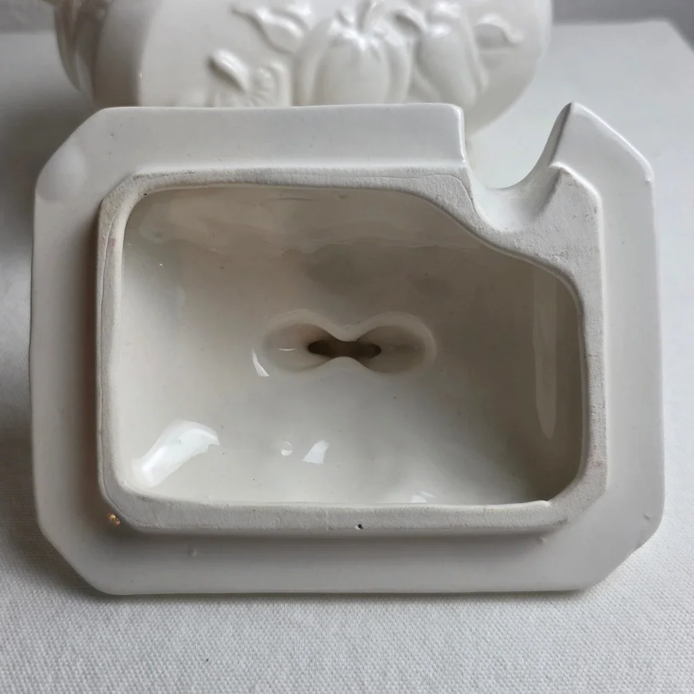 Vintage 50s Himark White Ceramic Fruit Embossed Tureen Lid Ladle Farmhouse Decor